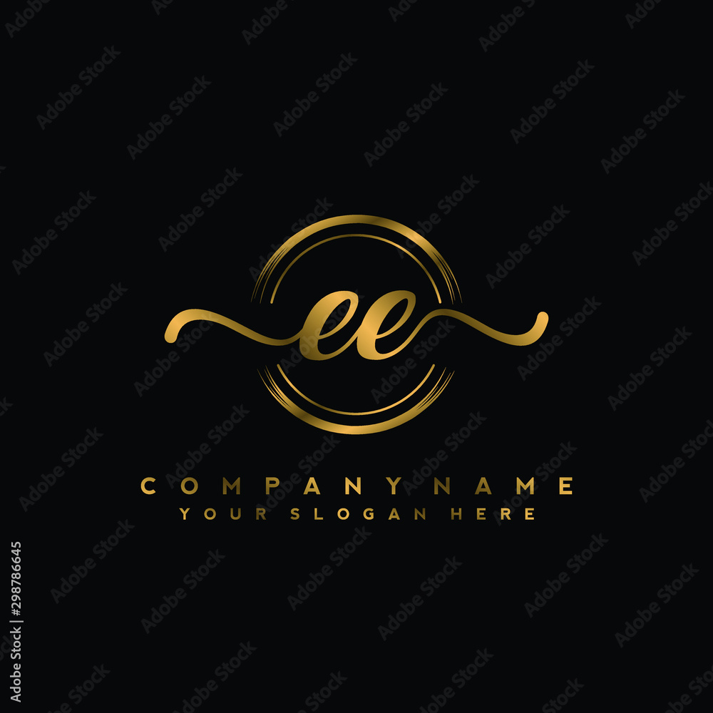 Fototapeta premium EE Initial handwriting logo design with golden brush circle. Logo for fashion,photography, wedding, beauty, business