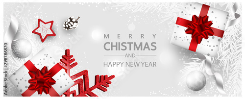 Horizontal Christmas and Happy New Year banner Xmas sparkling lights garland with gifts box greeting cards, headers, website Objects viewed from above. Flat lay, Top view elements for promotion Isolat
