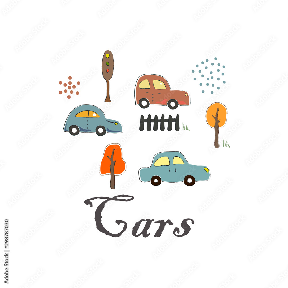 Obraz premium Cute Icon with Cars. Hand Drawn Scandinavian Style. Vector Illustration