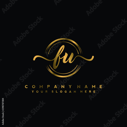 FU Initial handwriting logo design with golden brush circle. Logo for fashion,photography, wedding, beauty, business