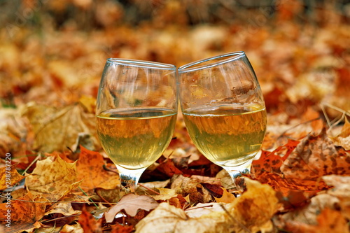 Pair of glass wine glasses with white wine drink between autumn fallen leaves with reflection of landscape in liquid on yellow blurred background. Horizontal frame, bokeh effect, selective focus
