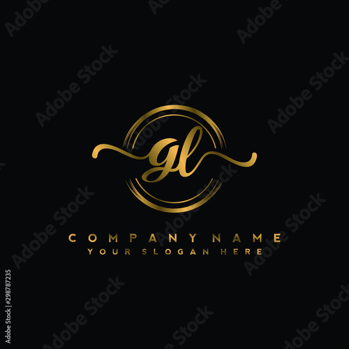 GL Initial handwriting logo design with golden brush circle. Logo for fashion,photography, wedding, beauty, business