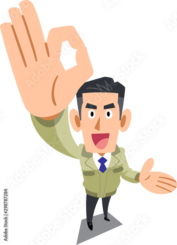 手でOKのサインを示し案内する工務店の男性