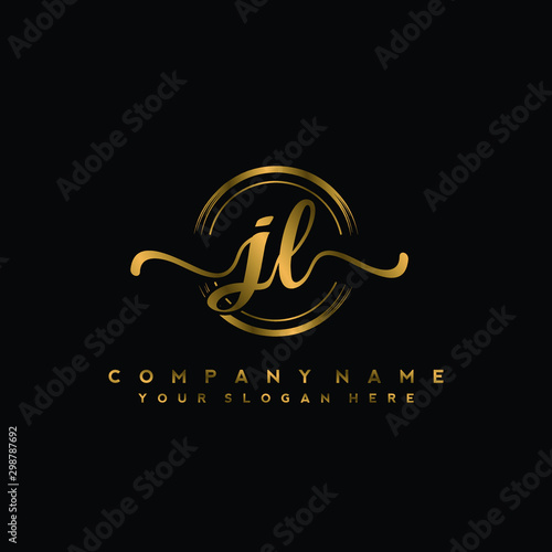 JL Initial handwriting logo design with golden brush circle. Logo for fashion,photography, wedding, beauty, business photo