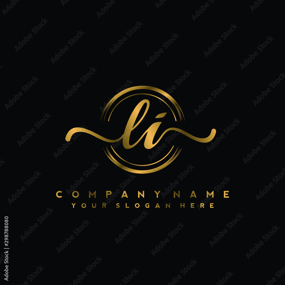 Fototapeta premium LI Initial handwriting logo design with golden brush circle. Logo for fashion,photography, wedding, beauty, business