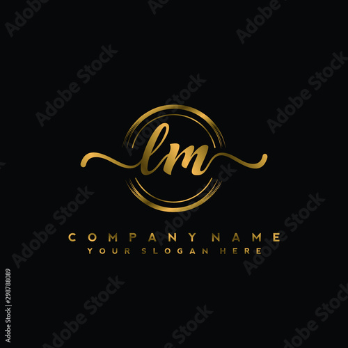 LM Initial handwriting logo design with golden brush circle. Logo for fashion,photography, wedding, beauty, business