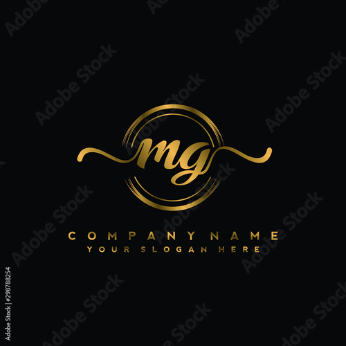 MG Initial handwriting logo design with golden brush circle. Logo for fashion,photography, wedding, beauty, business