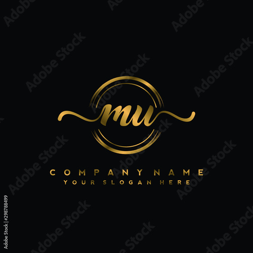 MU Initial handwriting logo design with golden brush circle. Logo for fashion,photography, wedding, beauty, business