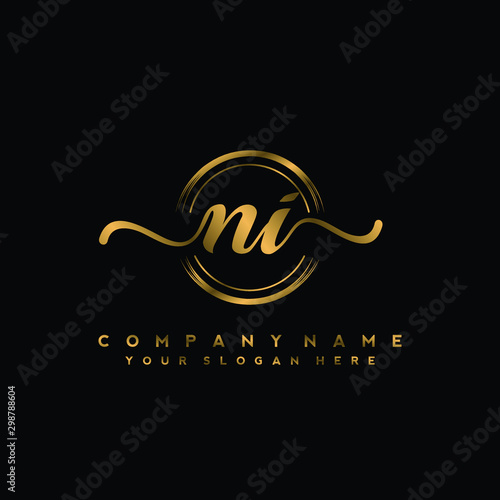 NI Initial handwriting logo design with golden brush circle. Logo for fashion,photography, wedding, beauty, business