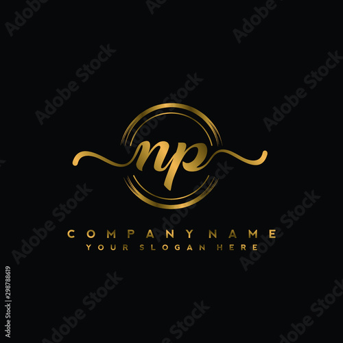 NP Initial handwriting logo design with golden brush circle. Logo for fashion,photography, wedding, beauty, business