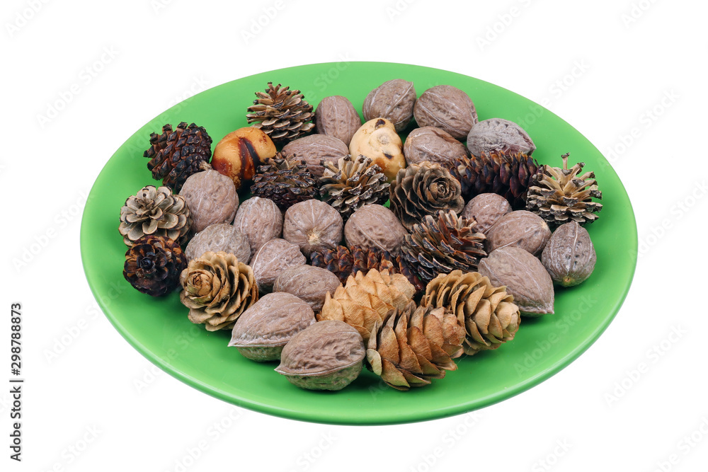 Beautiful fir and pine trees cones and forest nuts heap for the Christmas wreath isolated macro Beautiful fir and pine trees cones and forest nuts heap for the Christmas wreath isolated macro