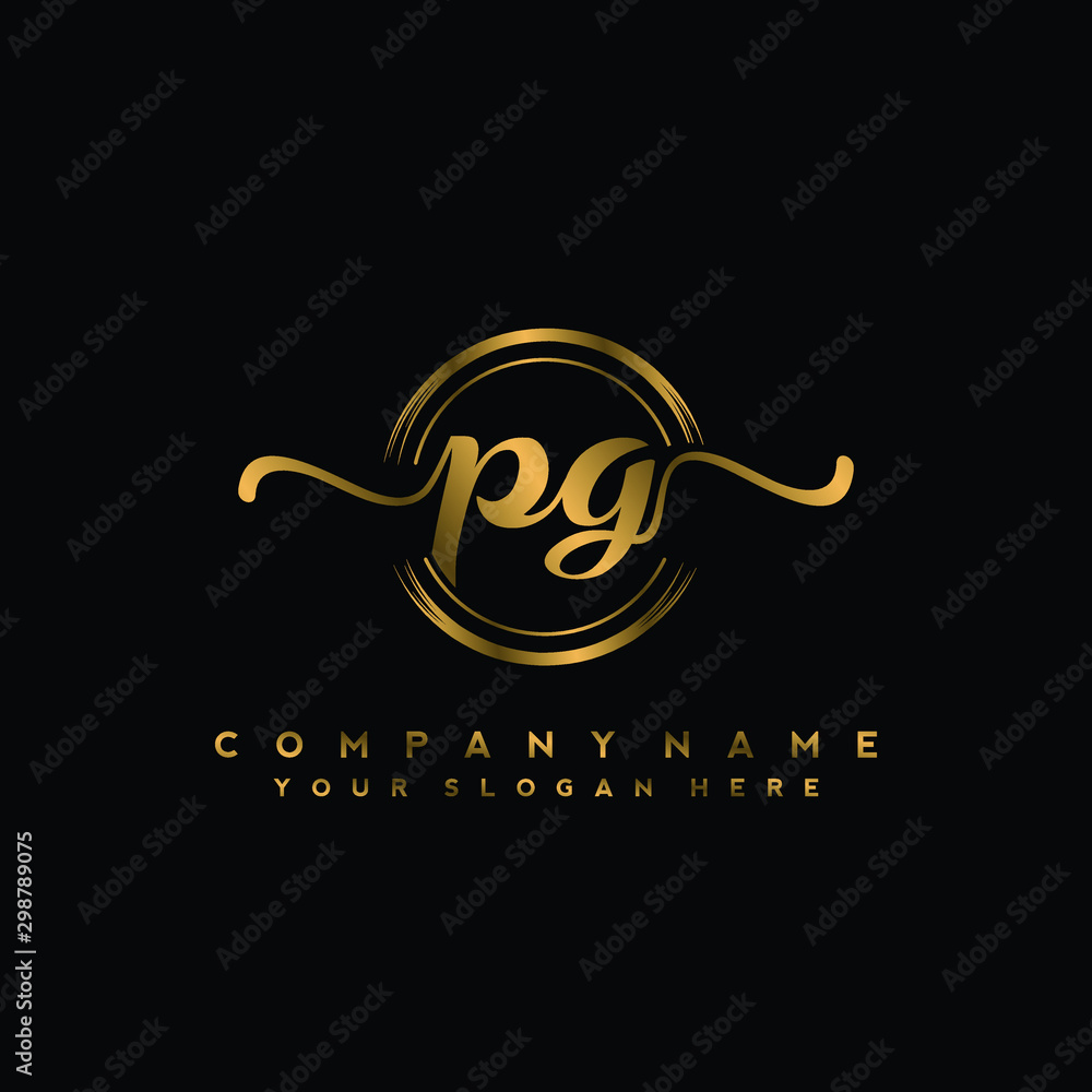 PG Initial handwriting logo design with golden brush circle. Logo for fashion,photography, wedding, beauty, business