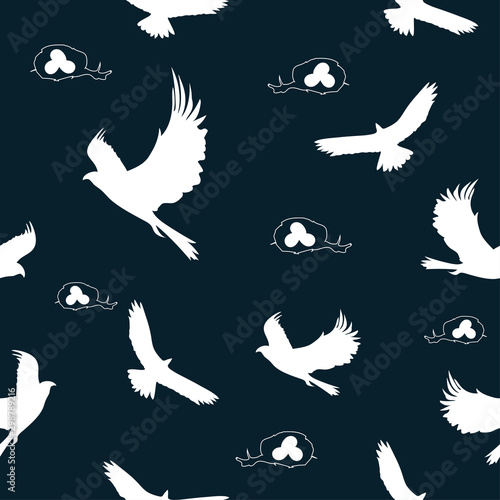  Seamless pattern: silhouette of a hawk in white and bird's nests on a blue background. vector. illustration