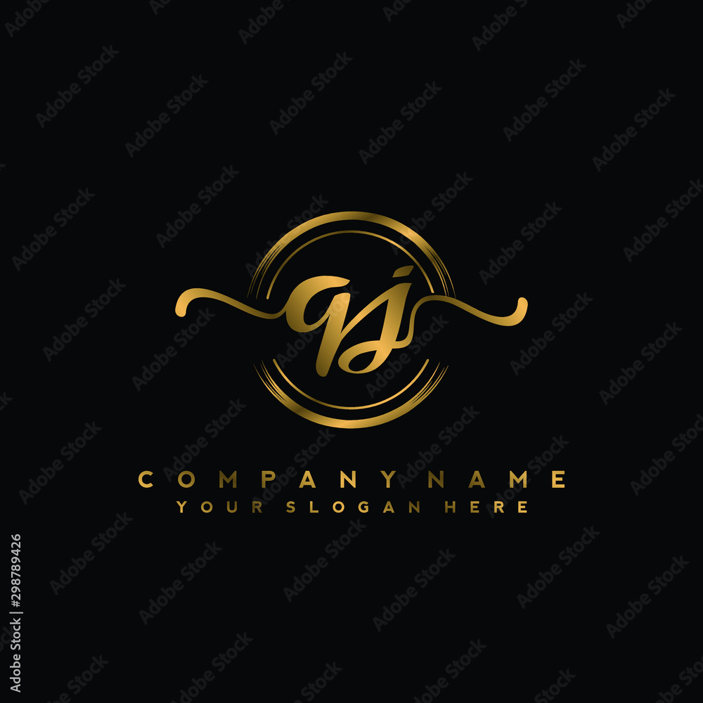 QJ Initial handwriting logo design with golden brush circle. Logo for fashion,photography, wedding, beauty, business QJ Initial handwriting logo design with golden brush circle. Logo for fashion,photography, wedding, beauty, business