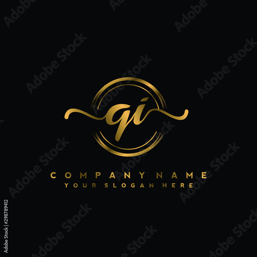 QI Initial handwriting logo design with golden brush circle. Logo for fashion,photography, wedding, beauty, business