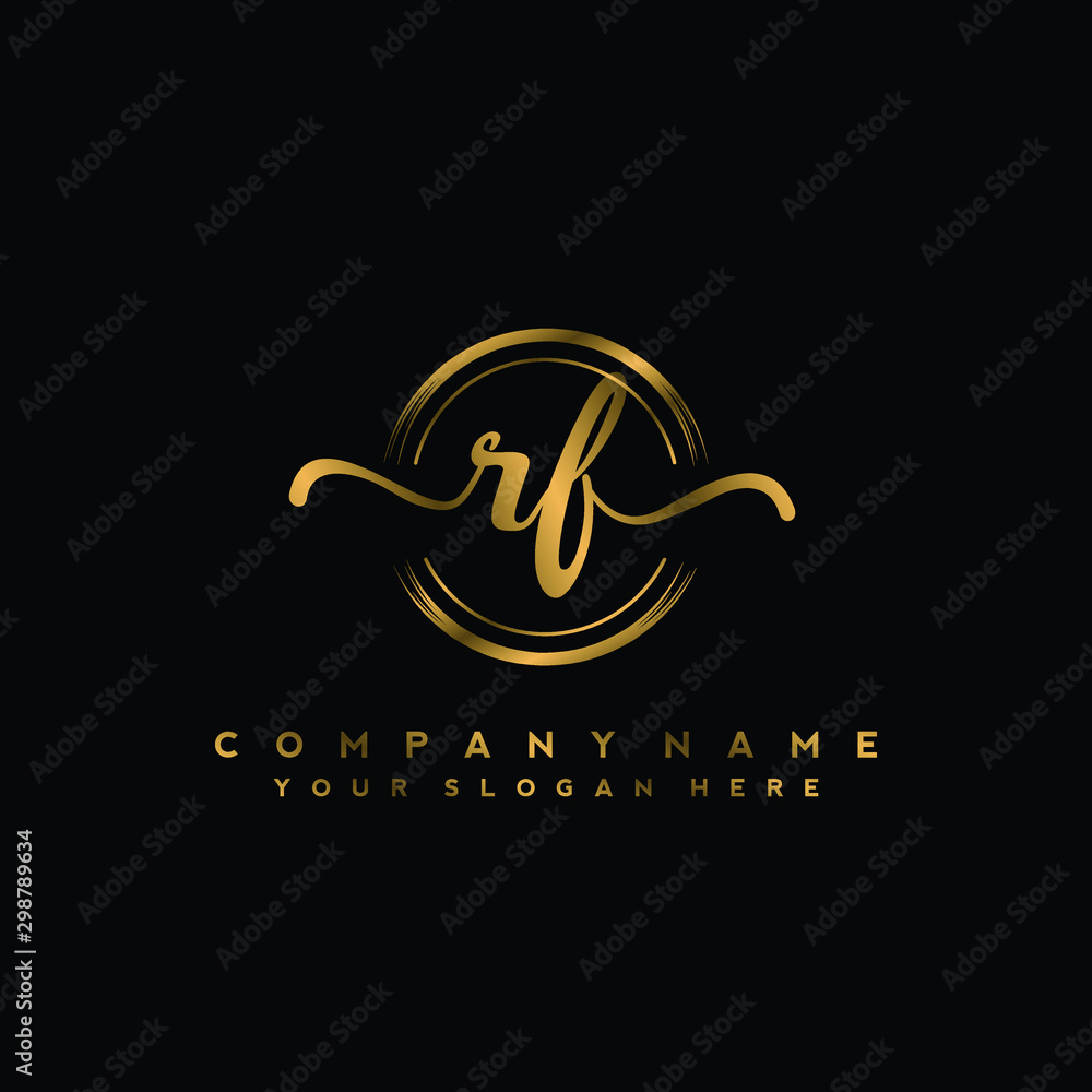 RF Initial handwriting logo design with golden brush circle. Logo for fashion,photography, wedding, beauty, business RF Initial handwriting logo design with golden brush circle. Logo for fashion,photography, wedding, beauty, business
