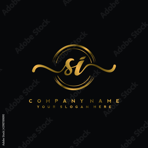 SI Initial handwriting logo design with golden brush circle. Logo for fashion,photography, wedding, beauty, business
