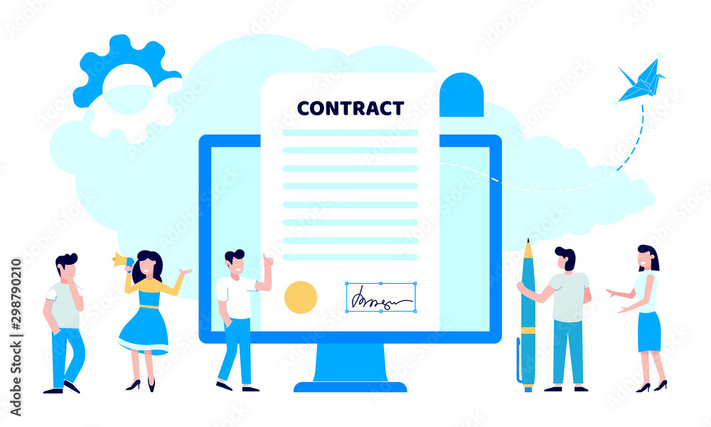 Concept of digital or electronic signature with woman shouting out to megaphone, pc monitor with signature and man with pen flay style design vector illustration. People sign the online contract.