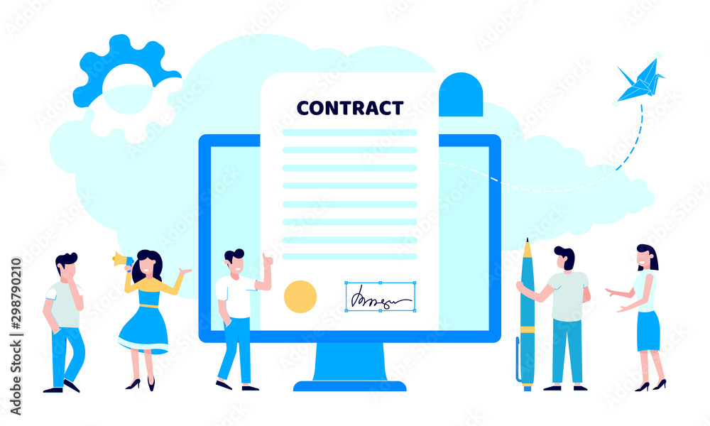 Concept of digital or electronic signature with woman shouting out to megaphone, pc monitor with signature and man with pen flay style design vector illustration. People sign the online contract. Concept of digital or electronic signature with woman shouting out to megaphone, pc monitor with signature and man with pen flay style design vector illustration. People sign the online contract.