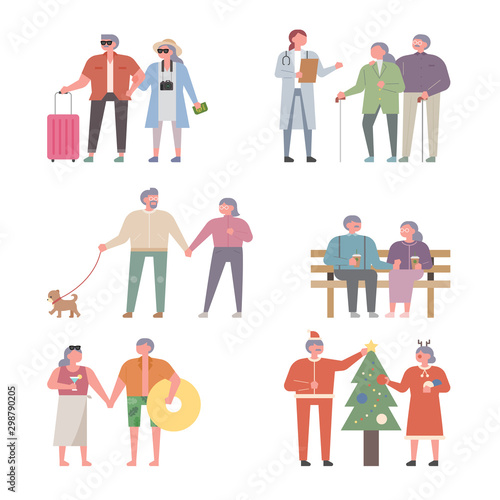 Elderly couple character set having a happy old age.