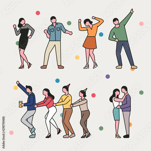 Set of people characters dancing at the party. Simple character design of the outline style.