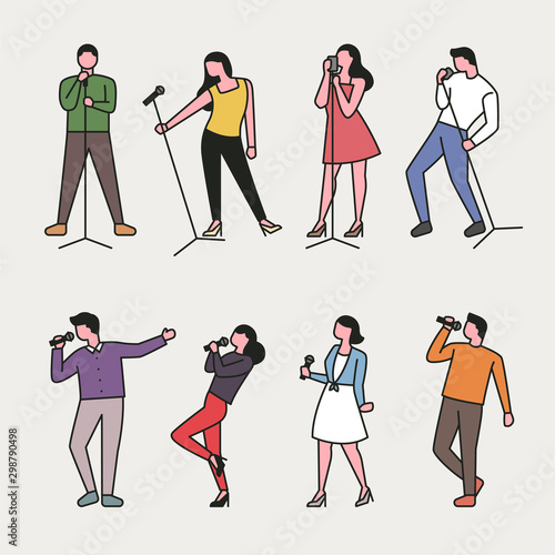 Singing people character set in various poses. Simple character design of the outline style.