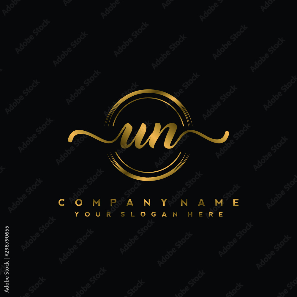 UN Initial handwriting logo design with golden brush circle. Logo for fashion,photography, wedding, beauty, business UN Initial handwriting logo design with golden brush circle. Logo for fashion,photography, wedding, beauty, business