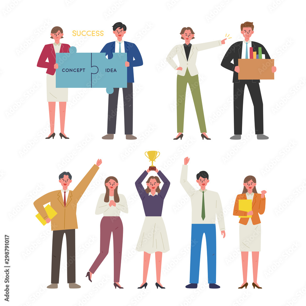 Business People Characters Set. Partnership puzzles, fired employees, winning teams. Business People Characters Set. Partnership puzzles, fired employees, winning teams.