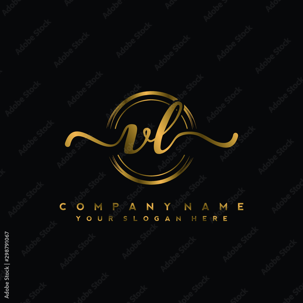 VL Initial handwriting logo design with golden brush circle. Logo for  fashion,photography, wedding, beauty, business Stock Vector