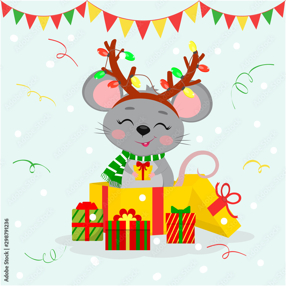 Fototapeta premium Happy New Year and Merry Christmas. A cute mouse, a rat in a rim of antlers with garlands and a scarf, stand in a gift box and holds a box with a gift. Year of the rat. Cartoon, flat style, vector