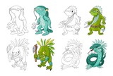 Cartoon monster sea creature characters set. Vector clip art illustration