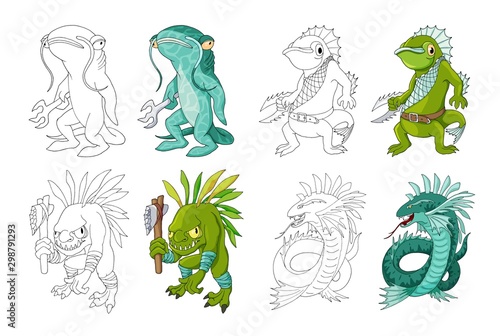 Cartoon monster sea creature characters set. Vector clip art illustration