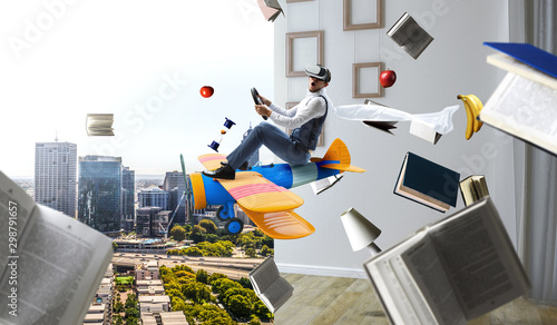 Aviator on retro airplane. ...