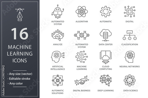 Machine learning line icons set. Black vector illustration. Editable stroke.