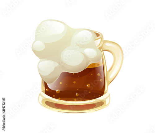 Glass mug with an alcoholic drink in the form of a dark strong foamy beer, oktoberfest beer with foam. Beer glass pint to celebrate and drink. Vector illustration isolated.
