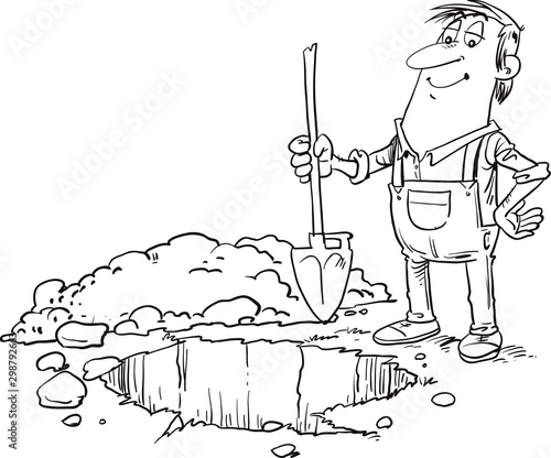 Man with shovel digging a hole. A worker holding a shovel