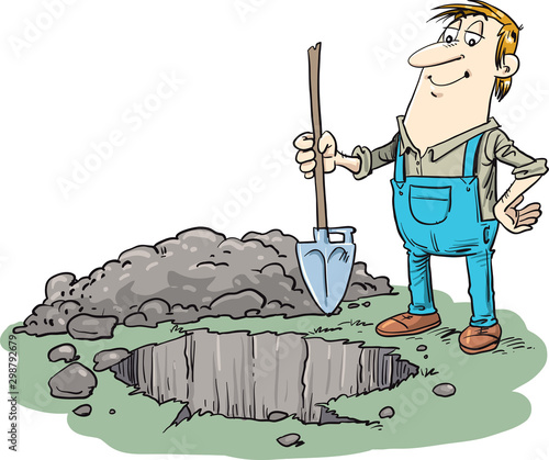 Man holds a shovel. farmer digs a hole for planting.