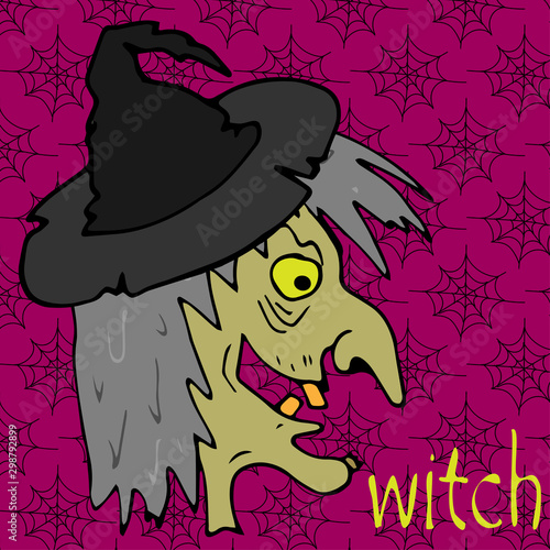 Head of an old witch with a big nose in a hat. Image with colorful witch on purple background. Scary spider web background. Halloween night. Vector image. Design element. Witch hat. Vector art.