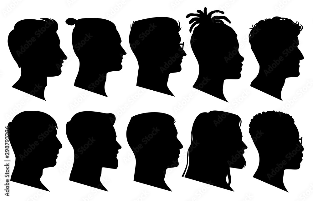 Silhouette man heads in profile. Black face outline avatars, professional male profiles anonymous portraits with hairstyle, vector set