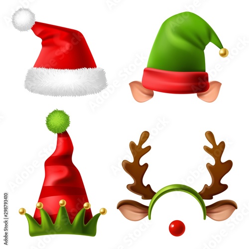 Christmas holiday hats. Santa claus red cute cap, snow reindeer and elves fur hat. Funny winter celebration headwear realistic vector set