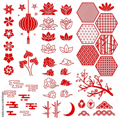 Chinese new year elements. Festive oriental asian style. Red cloud, flowers and moon, bamboo and sakura, lotus leaves vector collection photo