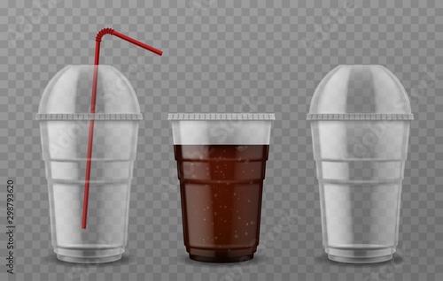 Plastic cup with sphere dome cap. Empty transparent disposable cups, takeaway container for cola, mojito 3d realistic mockup vector set