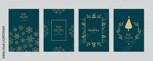 Merry Christmas modern elegant card set with frame banner greetings gold fir pine branches and snowflakes on green background