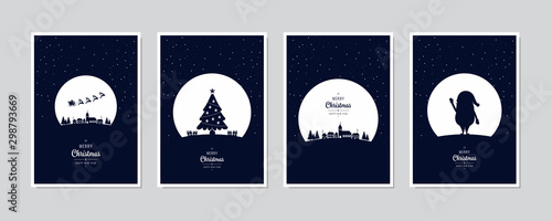 Merry Christmas card set santa sleight night tree greeting text lettering blue snowy night background vector.