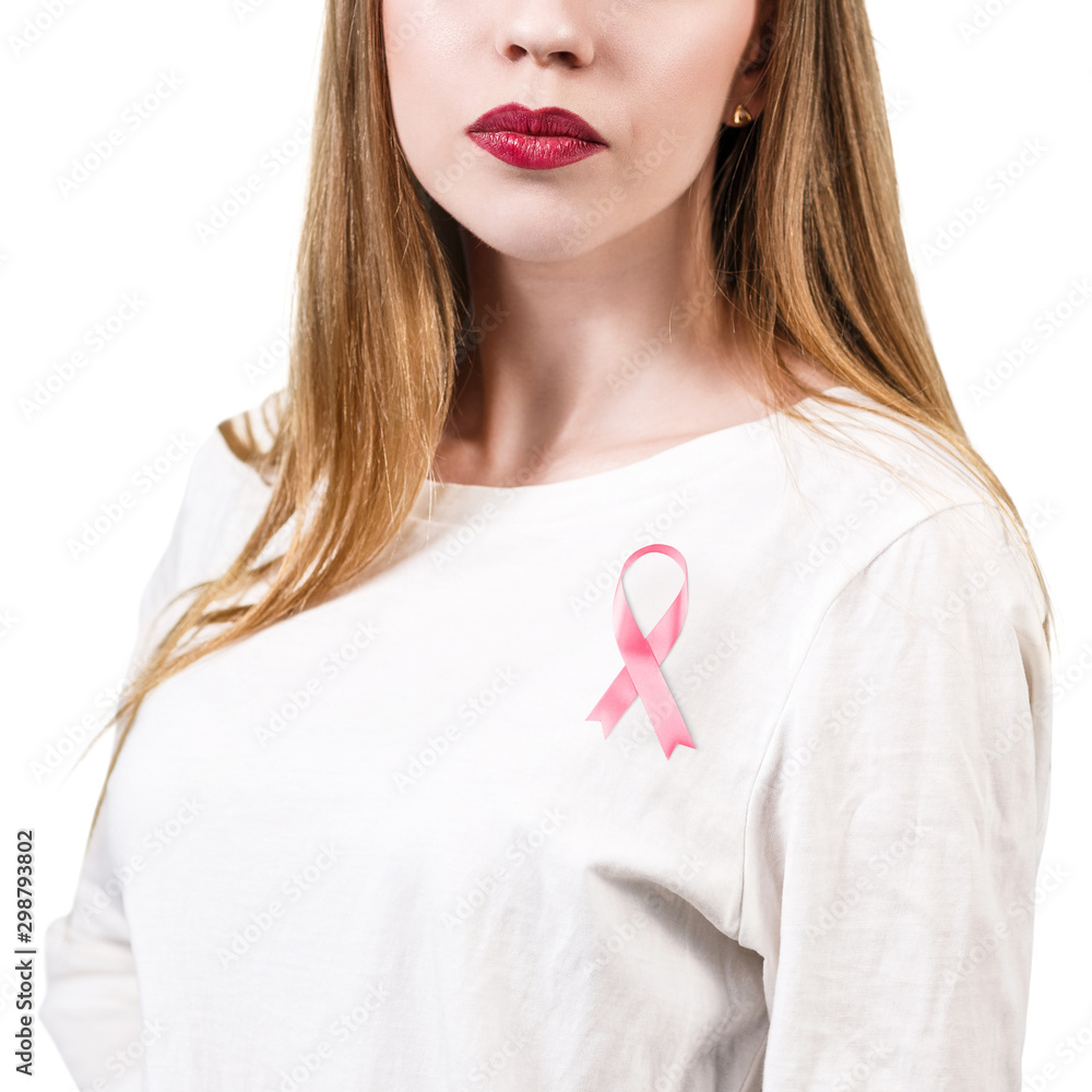 Young woman in white blouse with pink rribbon brooch. Young woman in white blouse with pink rribbon brooch.