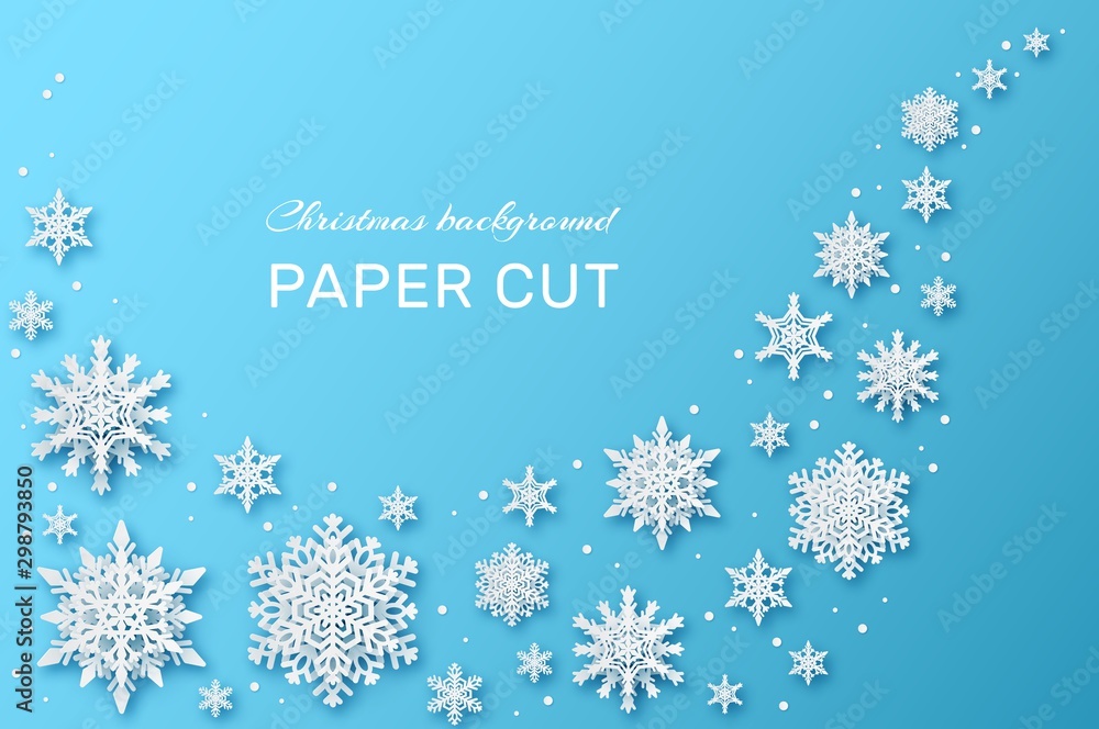 Snowflakes design. Christmas and happy new year wallpaper with paper cut snowflake. Winter holidays greeting card, xmas vector background