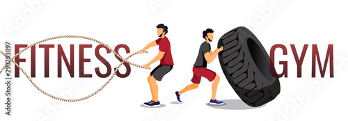 Fitness, Sport gym, Healthy lifestyle concept. Men training with battle ropes and tire. Vector illustration for poster, banner, placard, sign, flyer.
