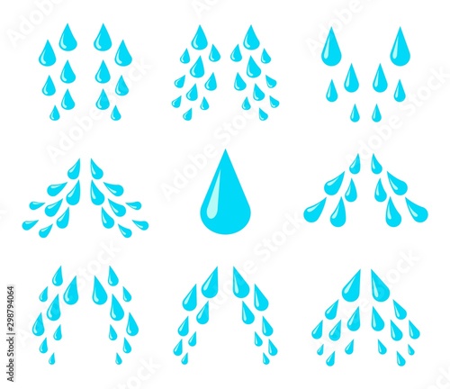 Cartoon tears. Cry, water and sweat drops, eye droplets. Teardrop rain, unhappy crying character emotion isolated vector set