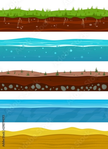 Soil layers. Game ground surfaces with land grass, dried desert sand, water and ice. Landscape levels seamless vector set