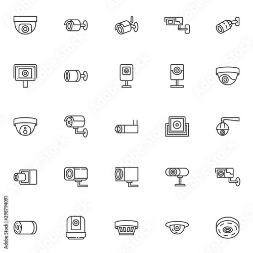 CCTV camera line icons set. linear style symbols collection, outline signs pack. vector graphics. Set includes icons as security camera control system, webcam, spy cam, dome surveillance